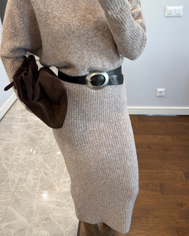Elegant Knit Midi Dress with Pencil Skirt, Comfortable Standard Fit
