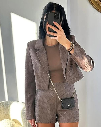 VitaLuxe Brown Stone Short With Jacket Set