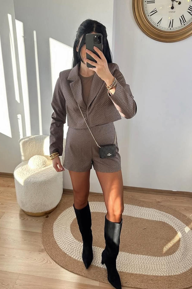 VitaLuxe Brown Stone Short With Jacket Set
