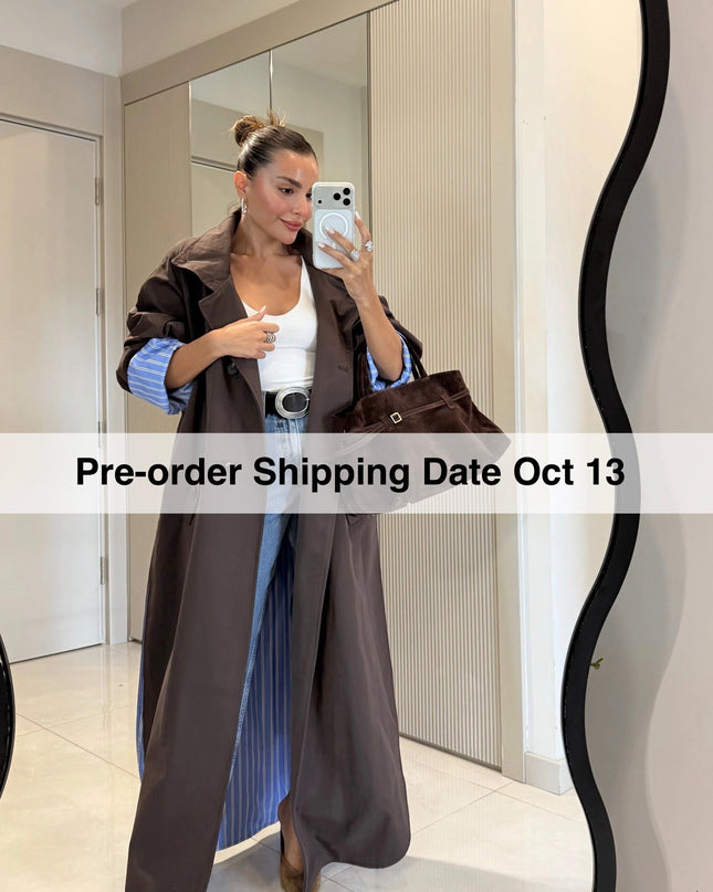 Hanger Brown Striped Lined Oversize Long Trench Coat