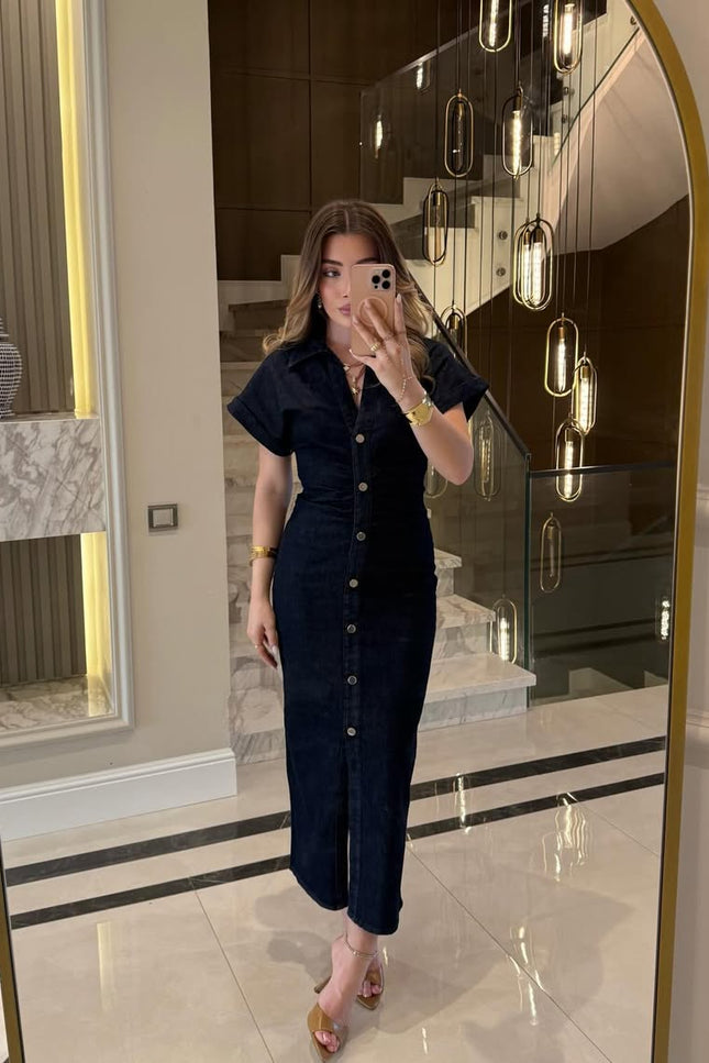 Draped Design Denim Midi Dress