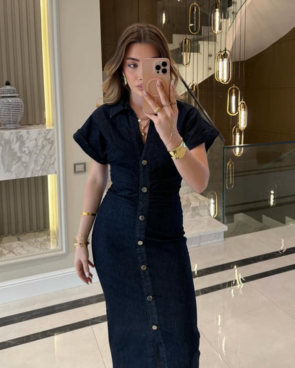 Draped Design Denim Midi Dress