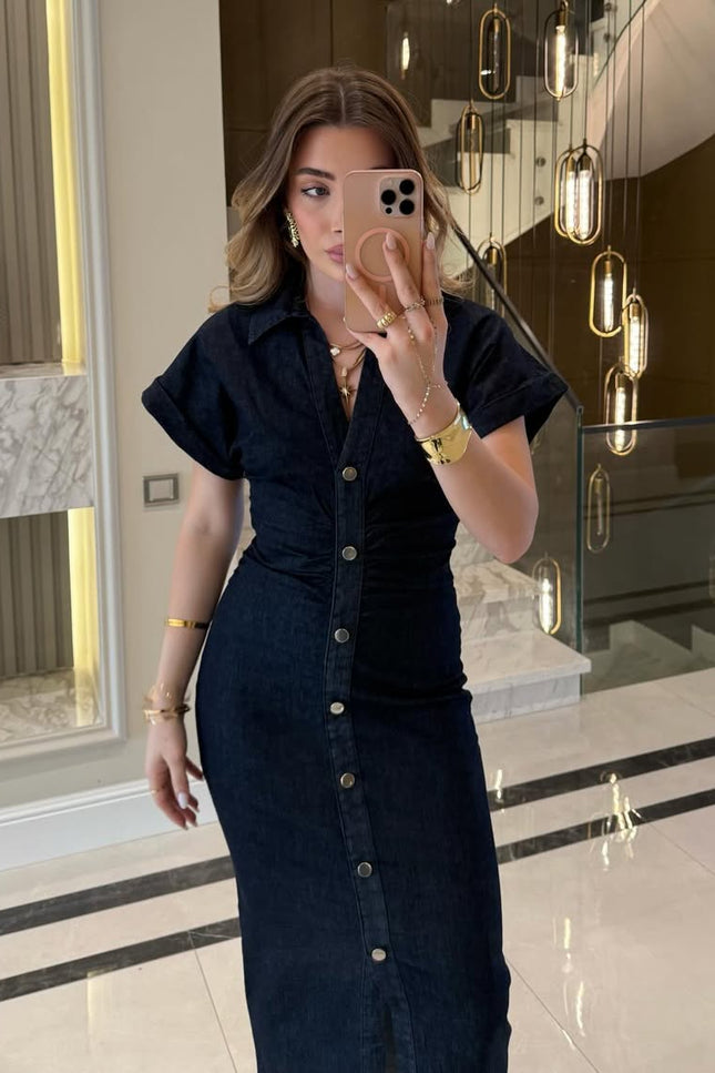 Draped Design Denim Midi Dress
