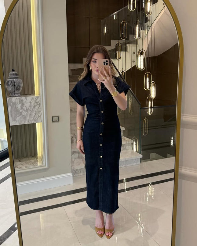 Draped Design Denim Midi Dress