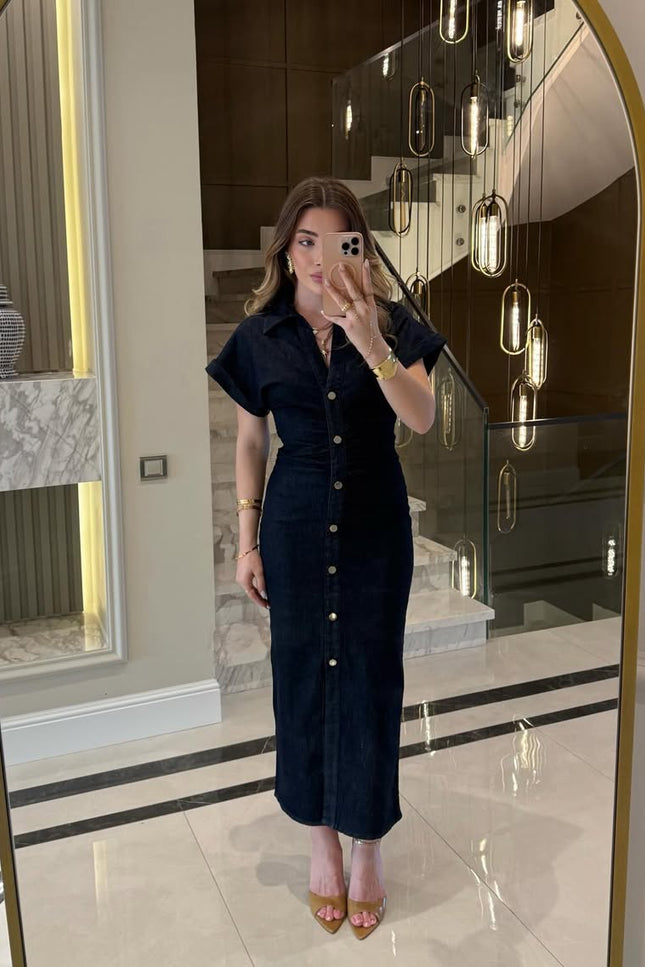 Draped Design Denim Midi Dress