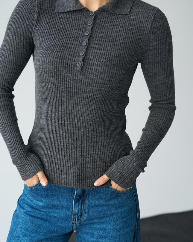 Polo Neck 6 Button Sweater - Anthracite