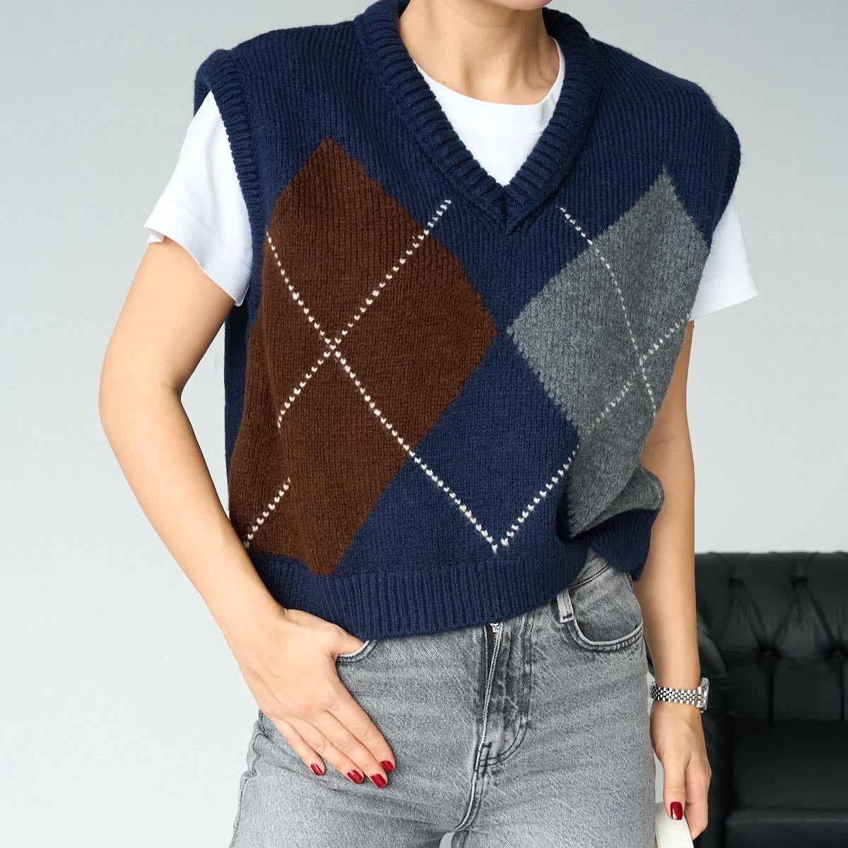 Knitwear Pattern Sweater - Navy Blue-Bitter Brown