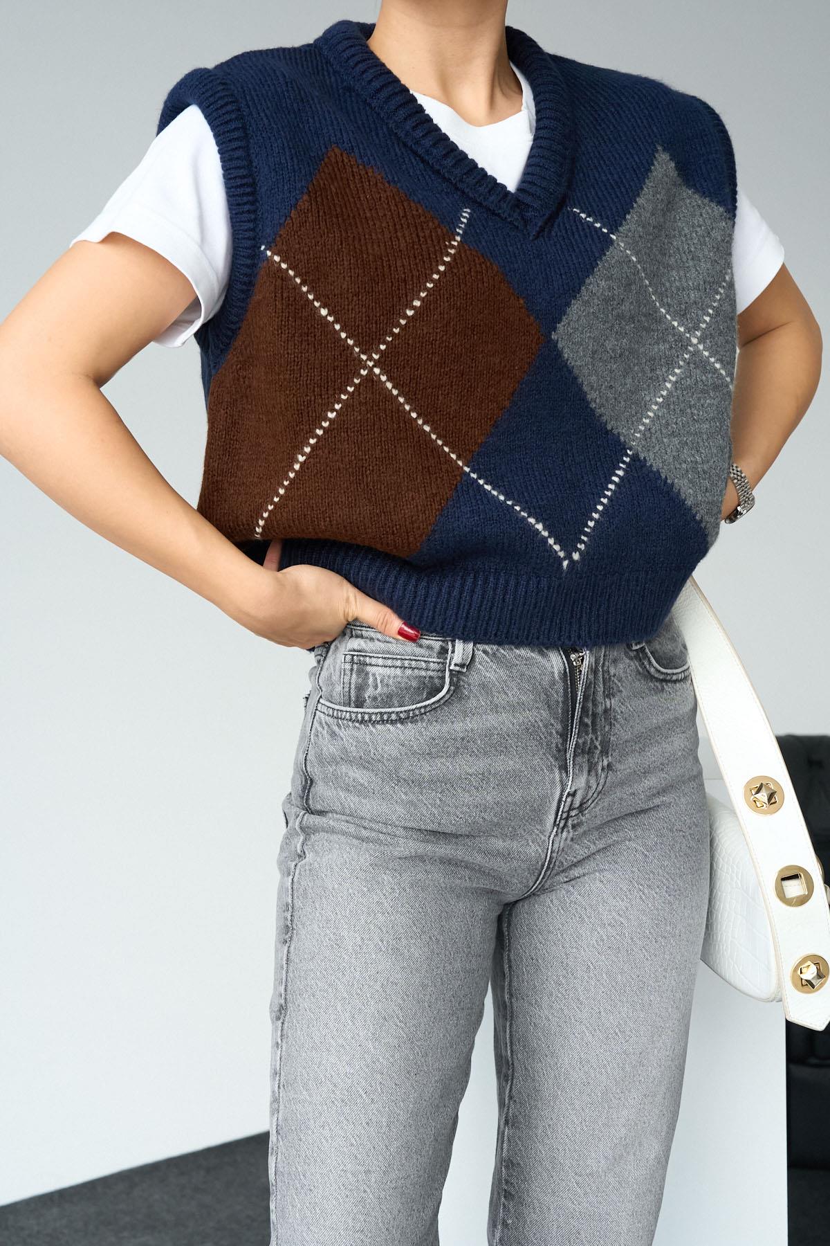 Knitwear Pattern Sweater - Navy Blue-Bitter Brown