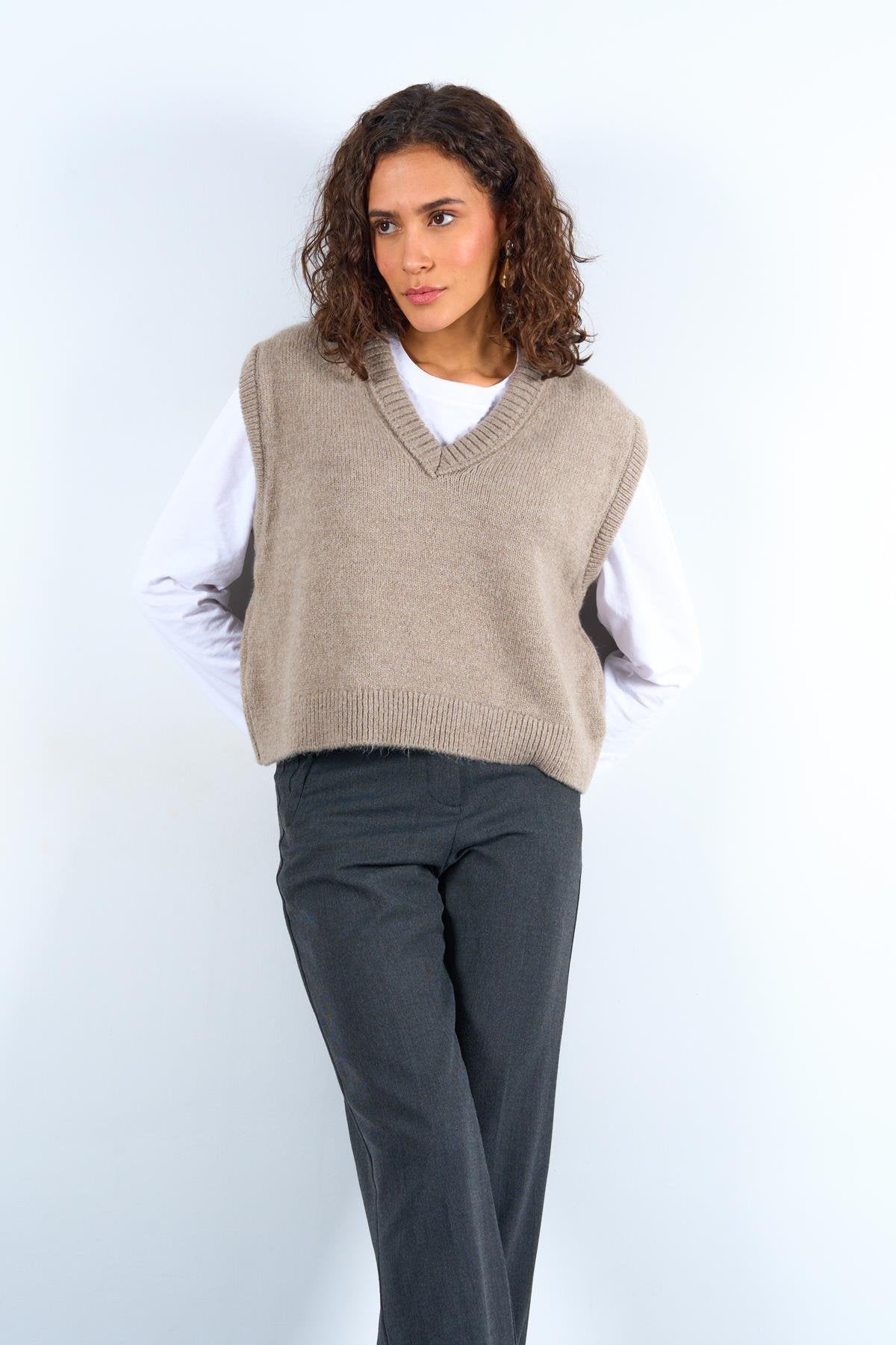 V Neck Knit Sweater - Beige