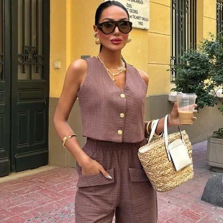 Sleeveless Button-Up Vest & Shorts Set