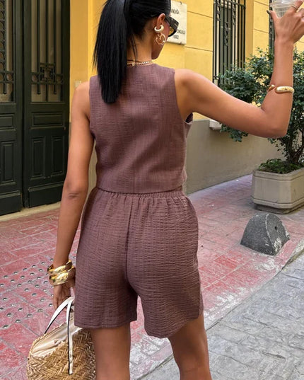 Sleeveless Button-Up Vest & Shorts Set