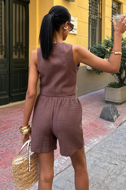 Sleeveless Button-Up Vest & Shorts Set