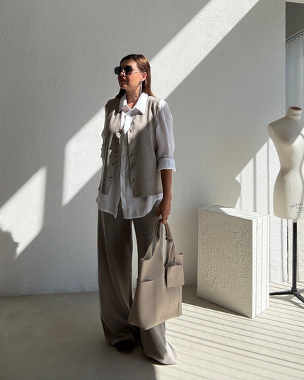 Milky Coffee Knitted Vest and Trouser Set