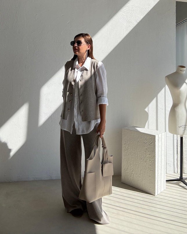 Milky Coffee Knitted Vest and Trouser Set