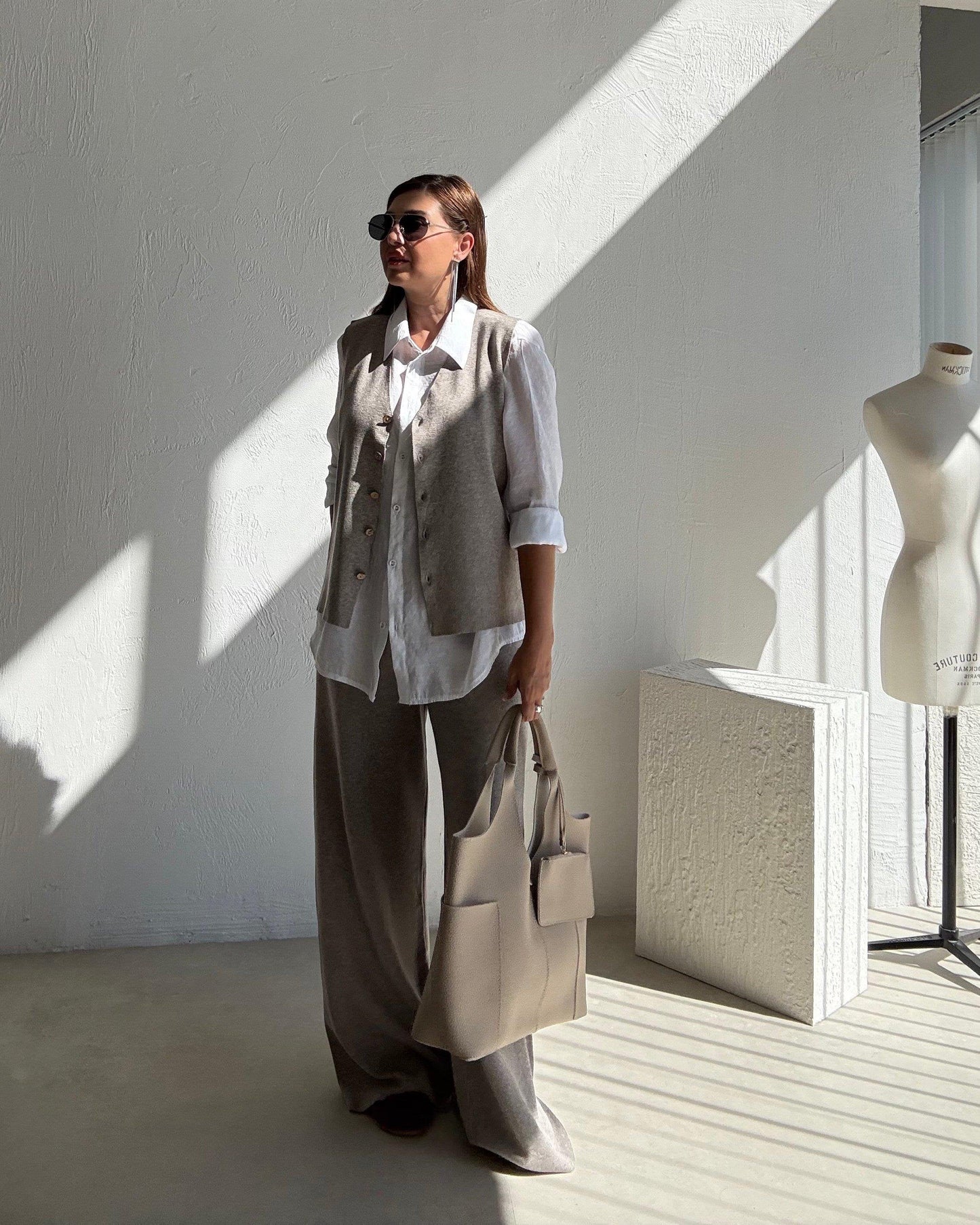 Milky Coffee Knitted Vest and Trouser Set