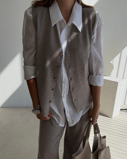Milky Coffee Knitted Vest and Trouser Set