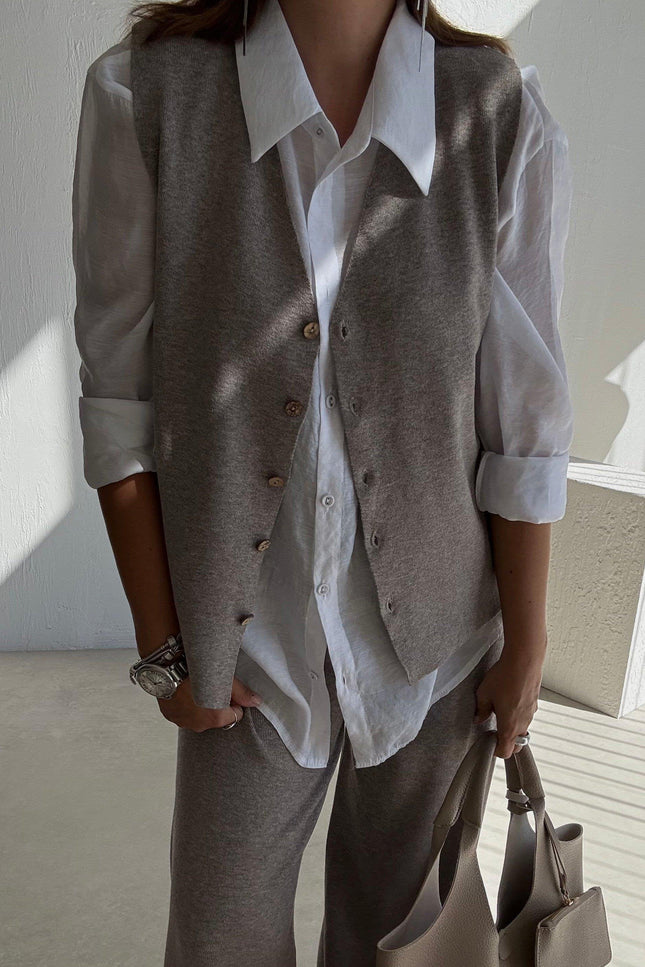 Milky Coffee Knitted Vest and Trouser Set