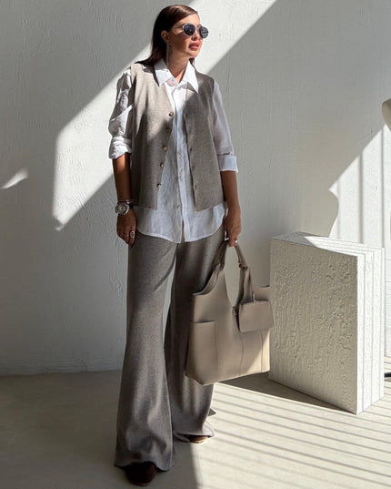 Milky Coffee Knitted Vest and Trouser Set