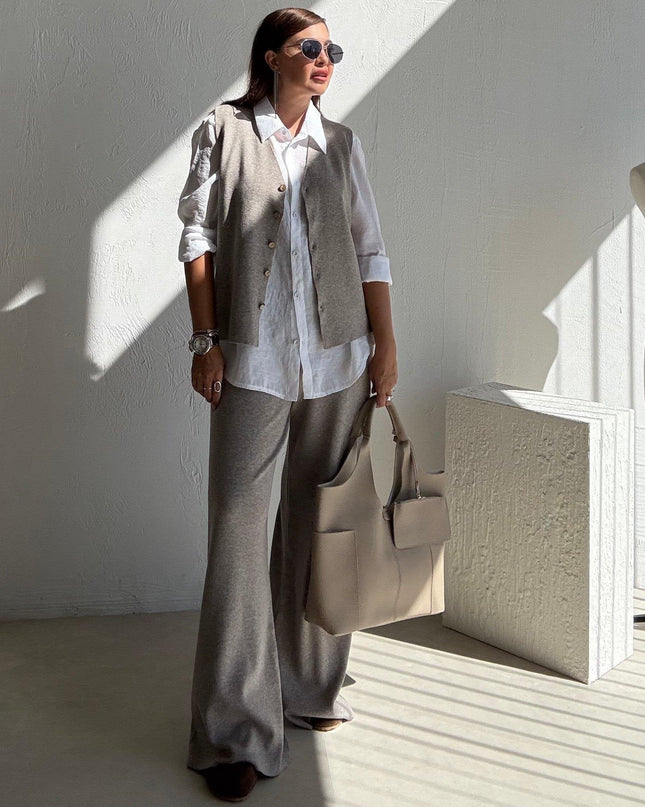 Milky Coffee Knitted Vest and Trouser Set