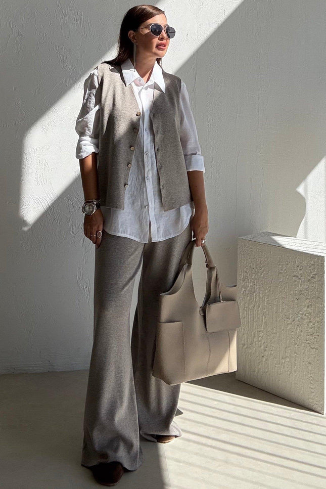 Milky Coffee Knitted Vest and Trouser Set