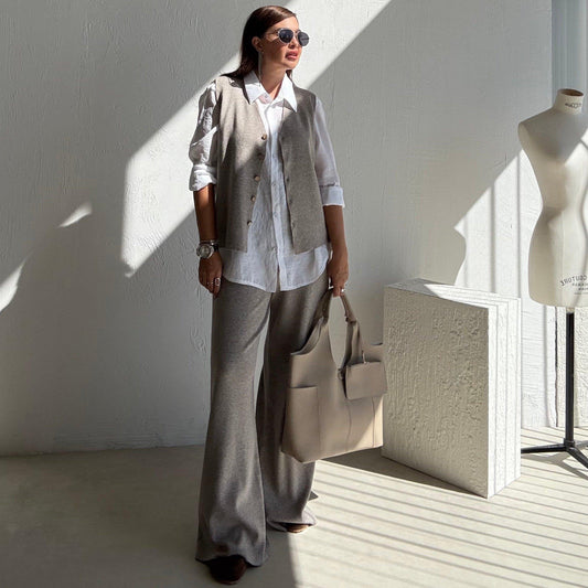Milky Coffee Knitted Vest and Trouser Set