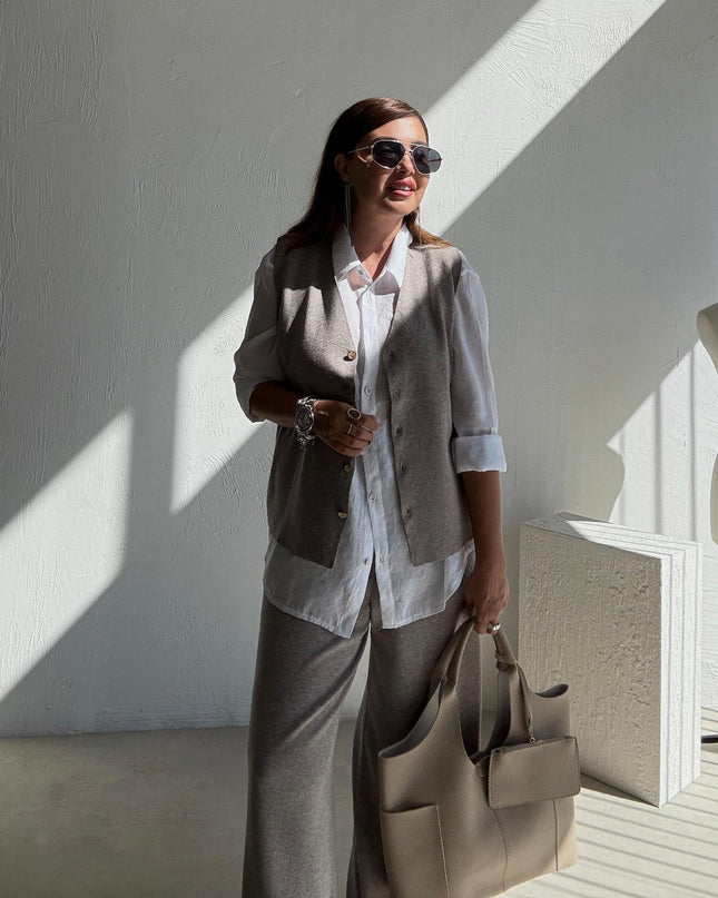 Milky Coffee Knitted Vest and Trouser Set