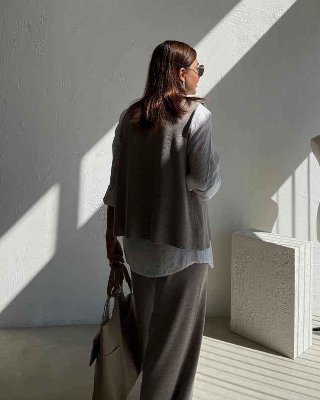 Milky Coffee Knitted Vest and Trouser Set