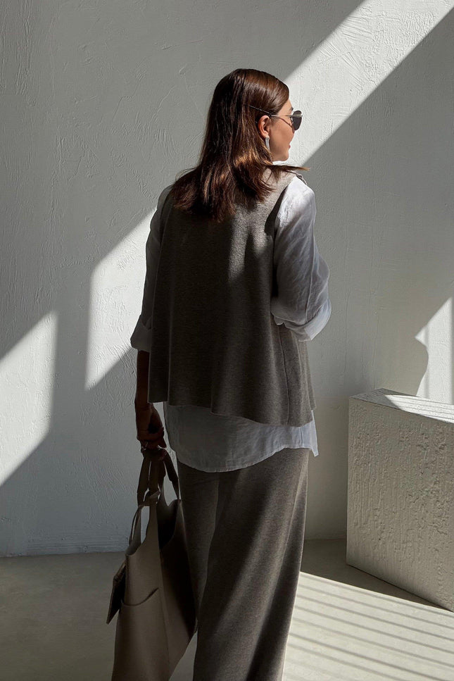 Milky Coffee Knitted Vest and Trouser Set