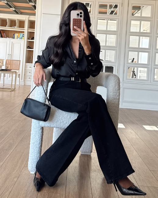 Black Buttoned Satin Shirt