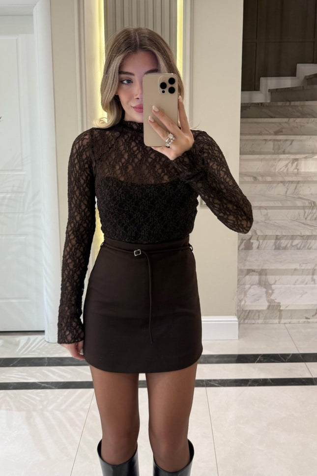 Brown Belted Short Skirt
