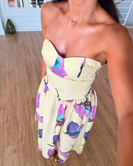 Yellow-Purple Floral Strapless Dress