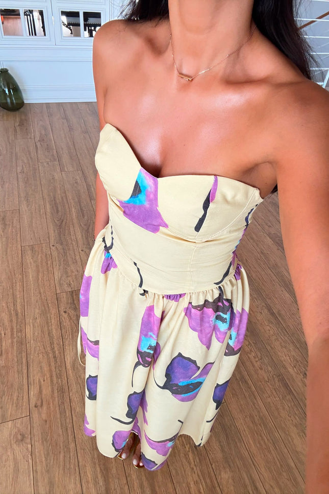 Yellow-Purple Floral Strapless Dress