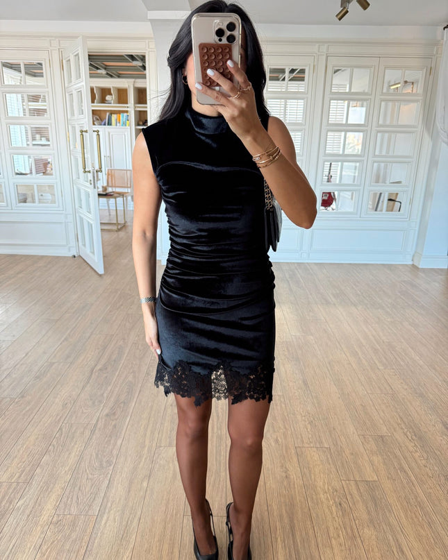 Astral Black Draped Velvet Dress with Lace Hem - Sleeveless Elegant Design