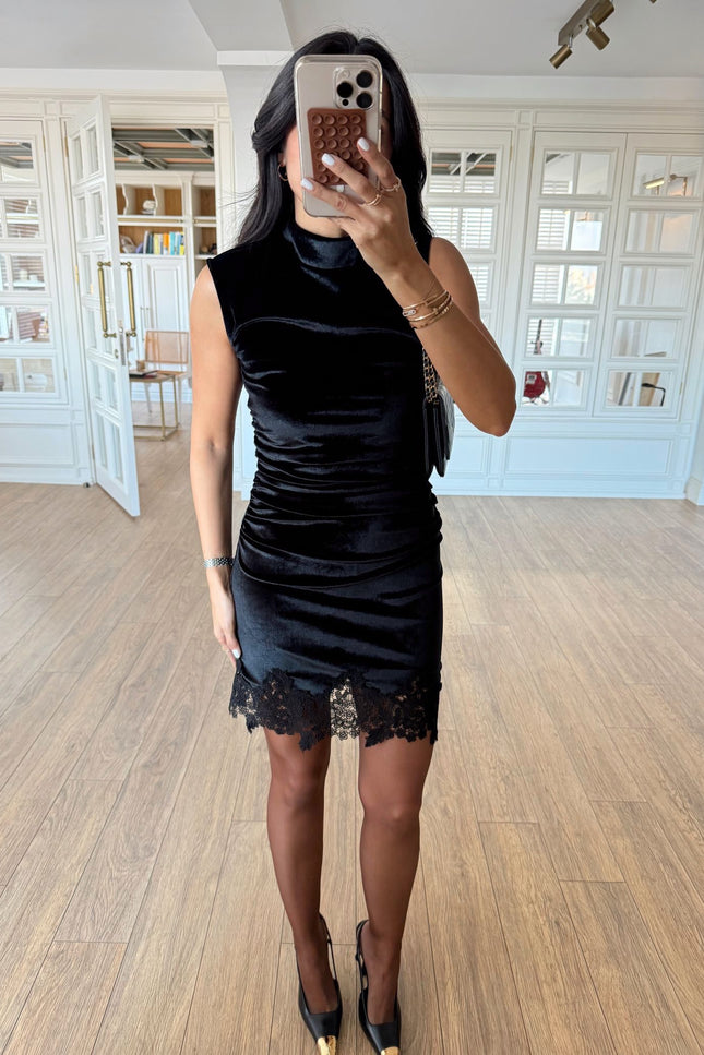 Astral Black Draped Velvet Dress with Lace Hem - Sleeveless Elegant Design