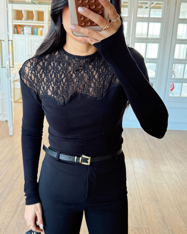 Onwegols Black Stand-Up Collar Button - Back Lace Blouse