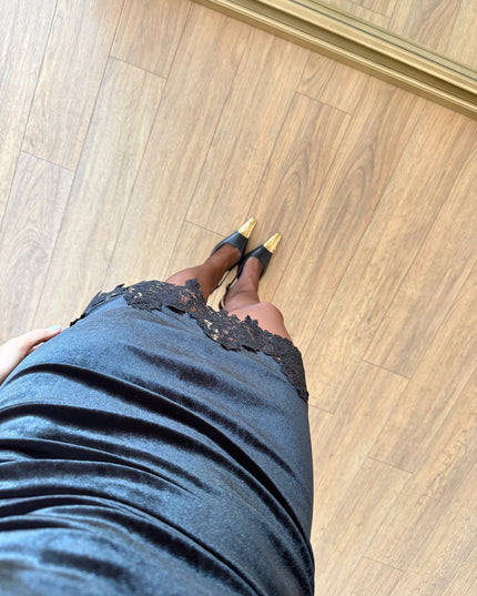 Astral Black Draped Velvet Dress with Lace Hem - Sleeveless Elegant Design