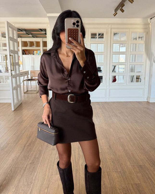 Elegant Women's Satin Shirt with Mother-of-Pearl Buttons Long Sleeve Blouse