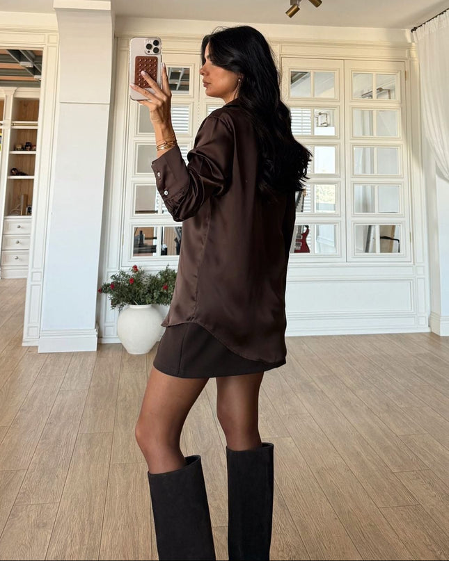 Brown Buttoned Satin Shirt