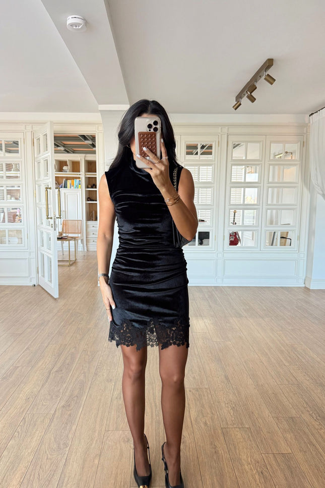 Astral Black Draped Velvet Dress with Lace Hem - Sleeveless Elegant Design