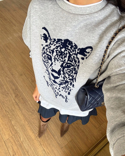 Olisa Grey Tiger Print Sweatshirt with White Trim Detail