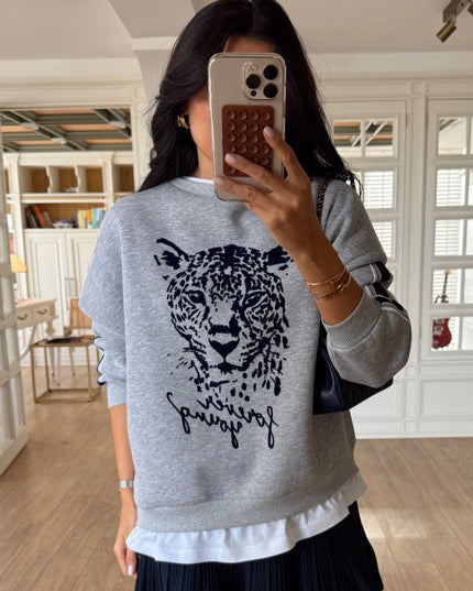 Olisa Grey Tiger Print Sweatshirt with White Trim Detail