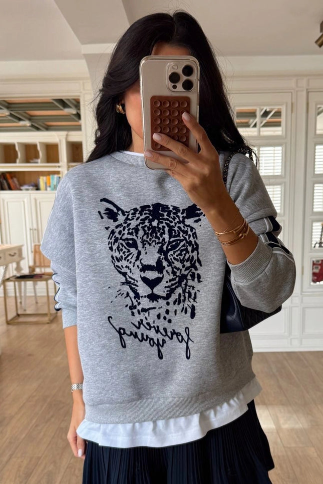 Olisa Grey Tiger Print Sweatshirt with White Trim Detail