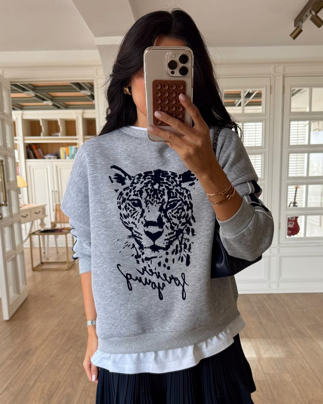 Olisa Grey Tiger Print Sweatshirt with White Trim Detail