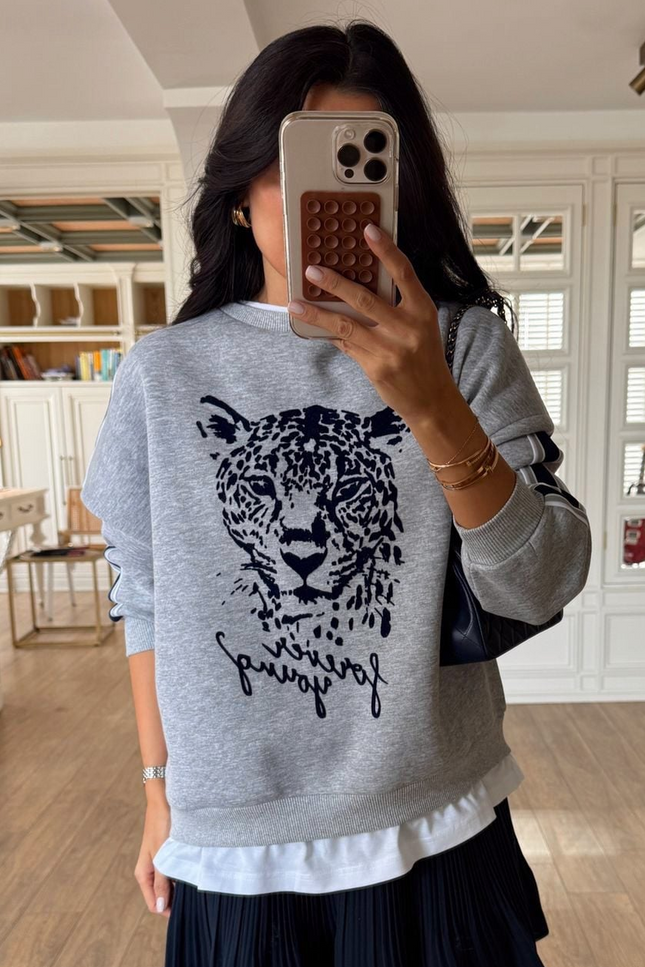 Olisa Grey Tiger Print Sweatshirt with White Trim Detail