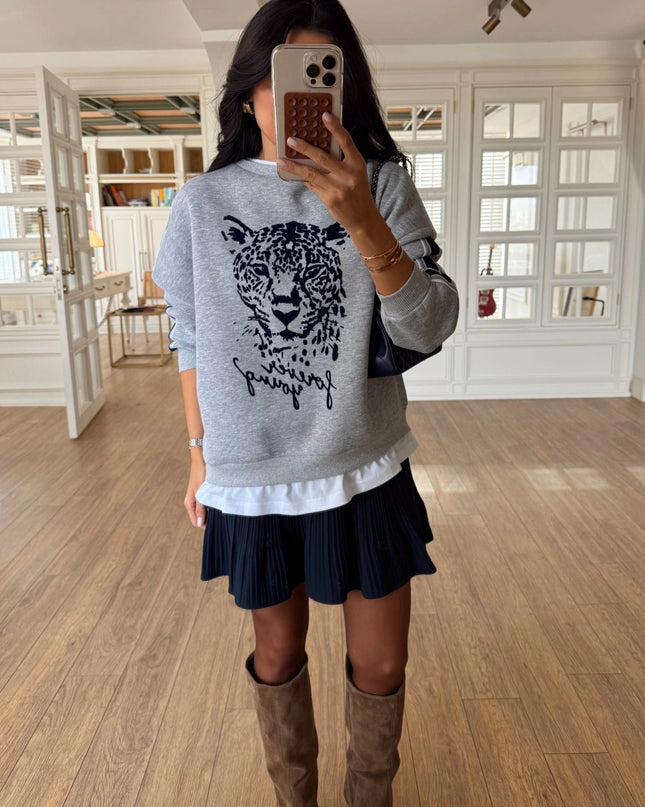 Olisa Grey Tiger Print Sweatshirt with White Trim Detail