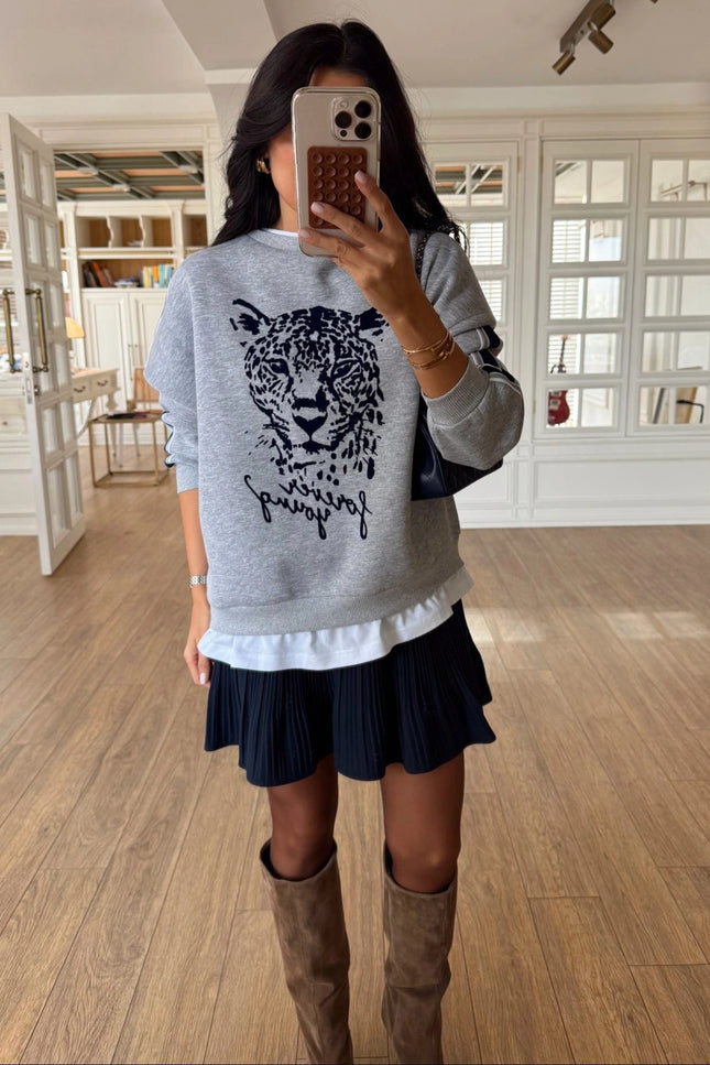 Olisa Grey Tiger Print Sweatshirt with White Trim Detail