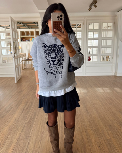 Olisa Grey Tiger Print Sweatshirt with White Trim Detail