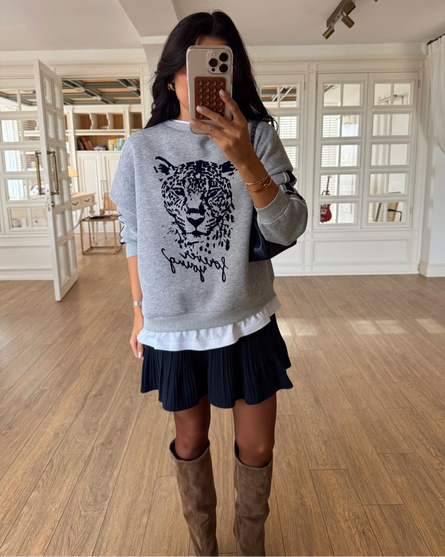 Olisa Grey Tiger Print Sweatshirt with White Trim Detail