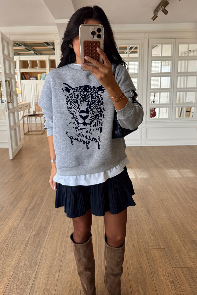 Olisa Grey Tiger Print Sweatshirt with White Trim Detail