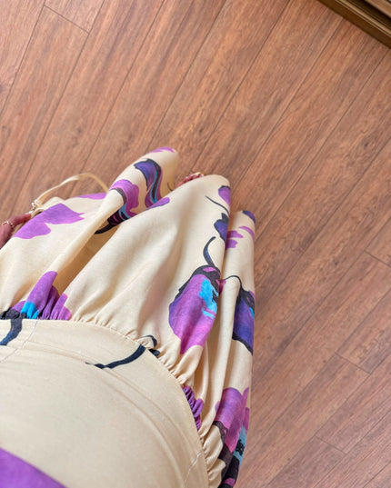 Yellow-Purple Floral Strapless Dress